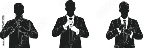 Silhouette of man adjusting necktie, formal suit illustration, professional attire, business preparation, black and white fashion gesture concept
