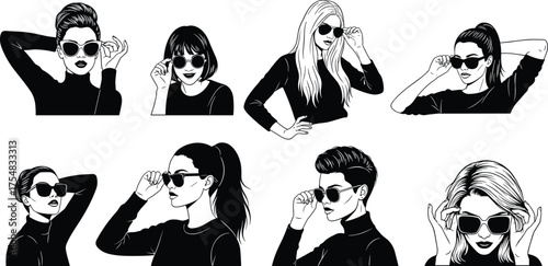 Stylized silhouettes of people in sunglasses, fashion poses, confident gestures, black and white illustration, trendy look, artistic expression concept