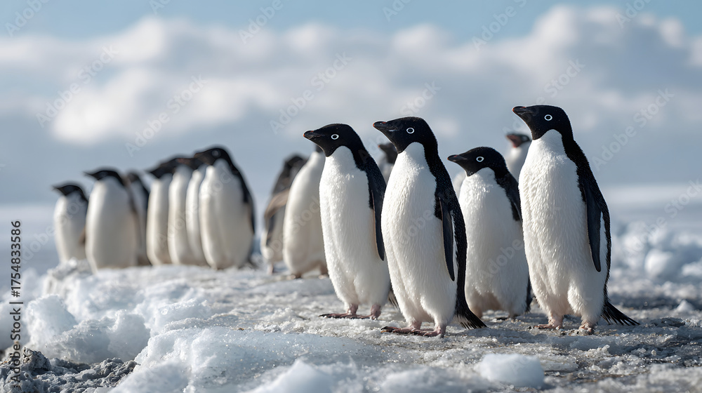 Fototapeta premium Adelie penguins standing together on a snowy, icy landscape under a bright sky