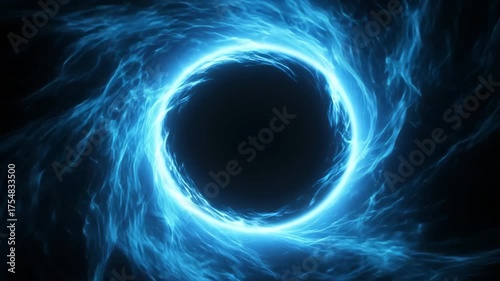 Abstract glowing blue portal or wormhole in dark space, futuristic digital art with swirling energy 4k video