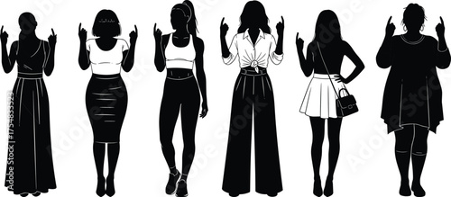 Silhouette women with raised middle fingers, expressive gesture, bold fashion, defiant pose, diverse outfits, black shadow art, attitude illustration