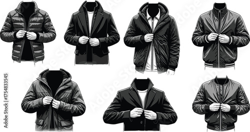 Men’s jacket illustration, buttoning and zipping poses, faceless fashion, outerwear styles, casual to formal, coat design, upper body focus