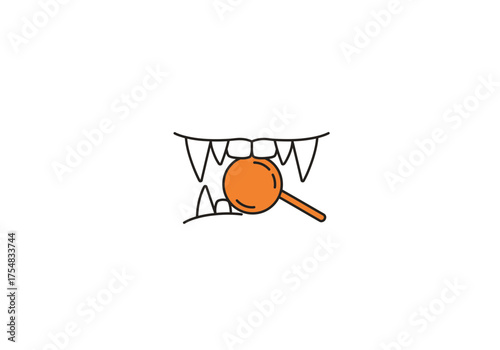 Cartoon illustration of a stylized mouth with sharp teeth biting an orange lollipop on a white background.