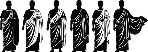 Roman toga silhouette illustration, ancient fashion styles, frontal male figures, historical attire, cultural draping variations, black and white concept art