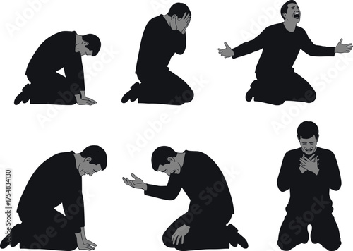 Silhouette of kneeling person in emotional distress, expressive pose series, dark clothing, anguish gesture, artistic sorrow concept, dramatic illustration