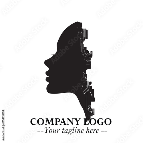 Head of Beautiful Woman as Robot Logo Symbol in Black on the White Background Futuristic Design
