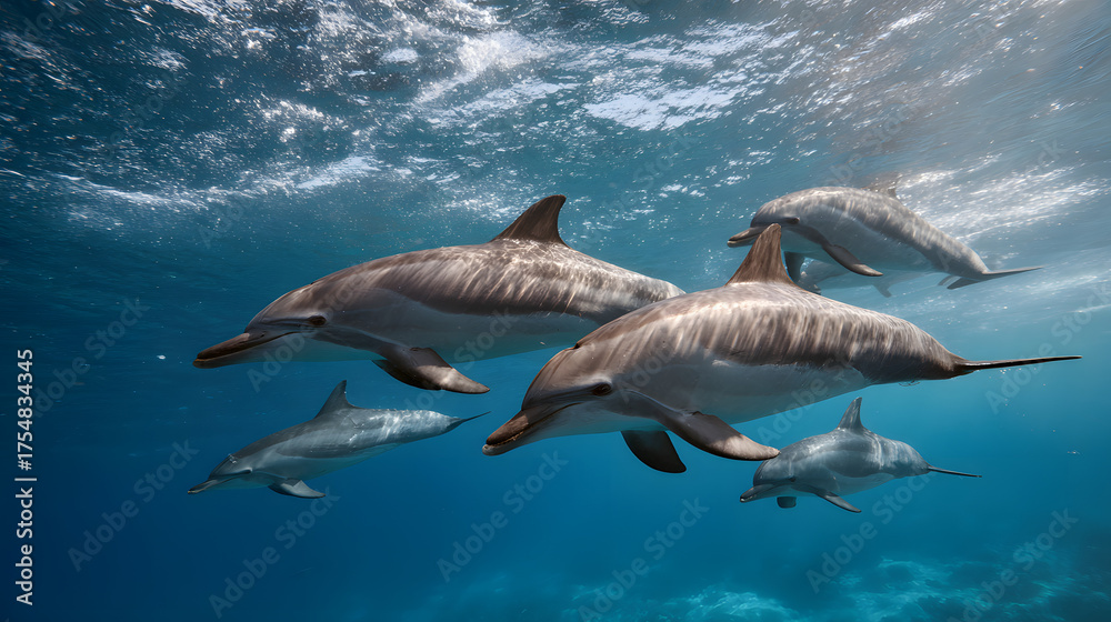 Fototapeta premium Dolphins swimming underwater in the ocean with sunlight shining through the water
