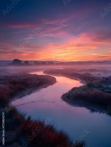 Vibrant sunrise paints the sky with pink and orange hues over a serene misty river with reed lined banks