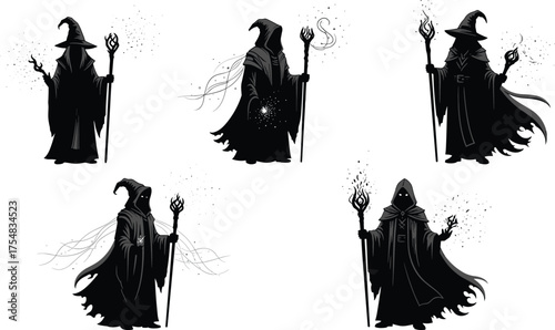 Dark wizard illustration with staff, magical effects, fantasy character design, hooded cloak, mystical pose, sorcerer silhouette, supernatural art concept