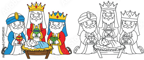 Three Wise Men and Baby Jesus Coloring Page: A Hand-Drawn Religious Nativity Scene for Kids and Festive Celebrations