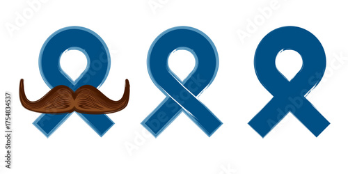 Blue ribbon with moustache symbol of november mens health month. Doodle style Blue ribbon and moustache icons isolated on white background. Sticker , label and icon of prostate cancer awareness set