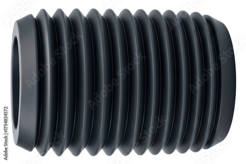 Black rubber accordion bellows tube with flexible ribbed design on a transparent background