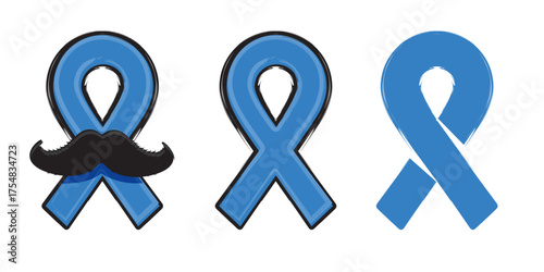 Blue ribbon with moustache symbol of november mens health month. Doodle style Blue ribbon and moustache icons isolated on white background. Sticker , label and icon of prostate cancer awareness set