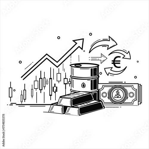 Black and white vector line graphic of commodity trading, featuring a stock chart, gold, oil barrel, and currency exchange.