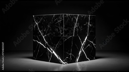 A dark room features a floating marble structure, lit from above, casting a diamond shadow onto the floor, the stone is black with white veining