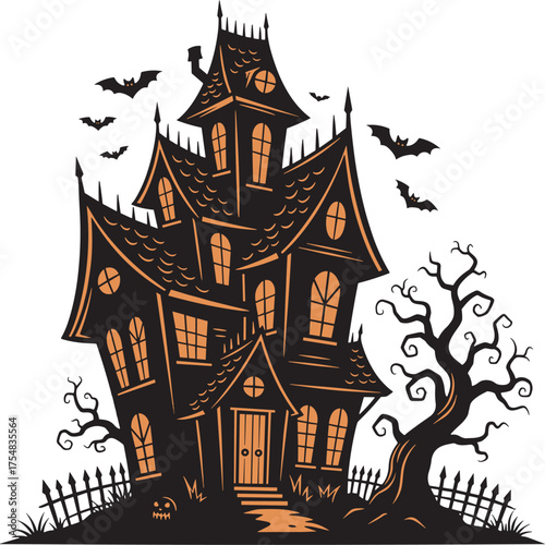 Spooky haunted house illustration against black backdrop for halloween celebrations with scary and creepy vibes ideal for holiday backgrounds and greetings