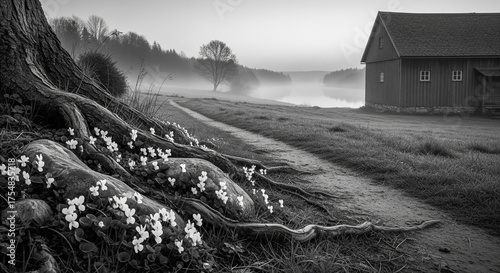 A foggy morning reveals a winding path leading to a distant farmhouse, bordered by a tree with exposed roots and small white flowers.

