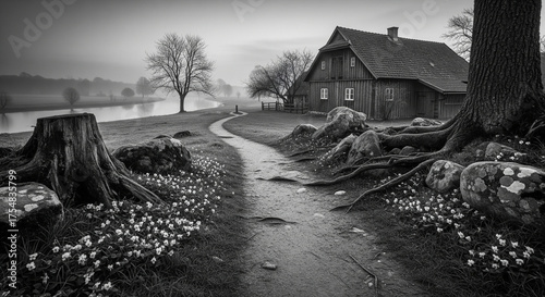 A foggy morning reveals a winding path leading to a distant farmhouse, bordered by a tree with exposed roots and small white flowers.

