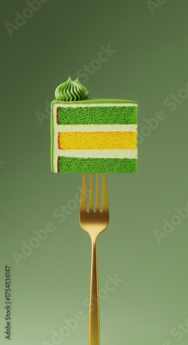 A single slice of vibrant green and yellow layered cake with matcha frosting is perfectly balanced on a golden fork against a solid green background