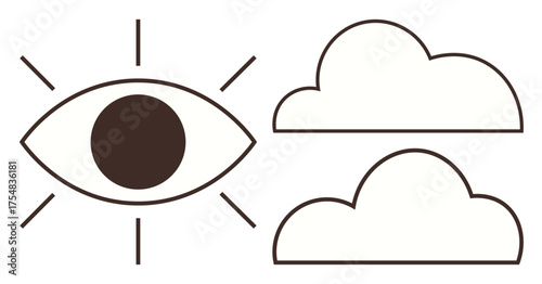Minimalist design of an eye surrounded by radiating lines next to two outlined clouds. Ideal for vision, awareness, clarity, insight, imagination, perspective, mindfulness. Simple flat metaphor
