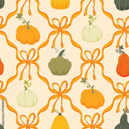 Seamless pattern pumpkins in Coquette preppy bows trellis for fall holidays, Thanksgiving textiles