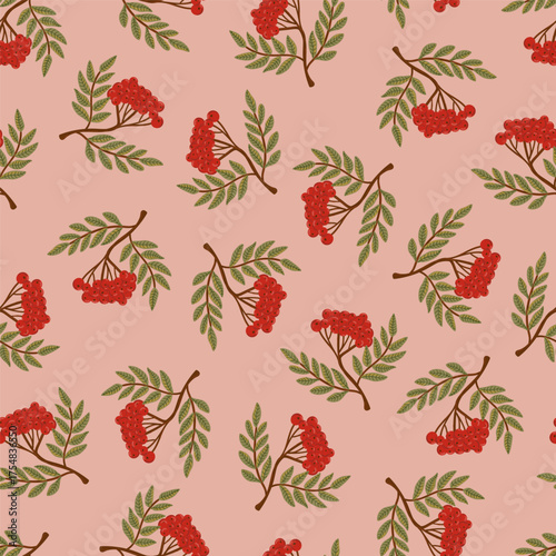 red berry Rowan Tree Branch Autumn Seamless Pattern. Fall Vintage Rustic Background for textile