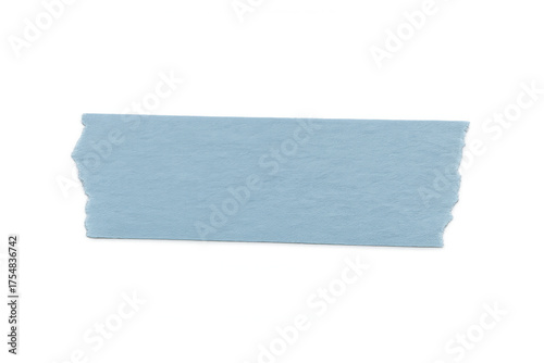 Pale blue paper adhesive tape strip with torn edges, sticky element, washi style, transparent background