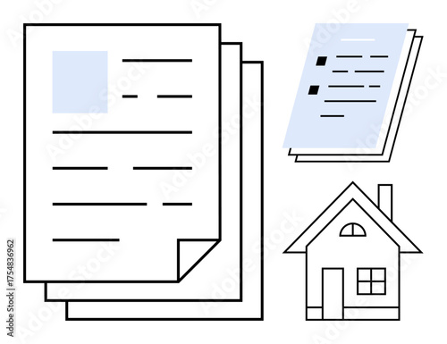 Stacked paper, contract, and house icon illustrate property agreements and homeownership. Ideal for real estate, contracts, finance, legal documents, home loans, administration and housing policies