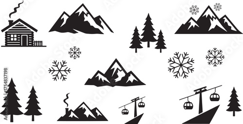 Set Winter Mountain Landscape Icons: Cabin, Peaks, Snowflakes, Pine Trees, Ski Lifts