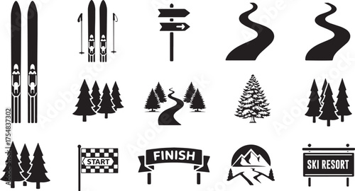 Set Ski and Winter Sport Icons: Skis, Ski Poles, Signposts, Paths, Trees, Finish Gates