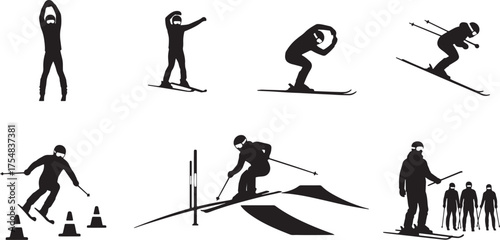 Alpine Skiing Silhouettes Set Downhill Skiing Figures Slalom Ski Race Cones