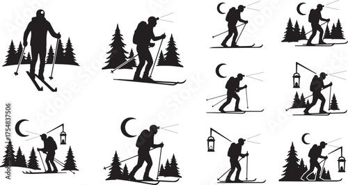 Winter Skier Silhouettes Set Skiing Outdoors At Night Moonlight Forest Landscape