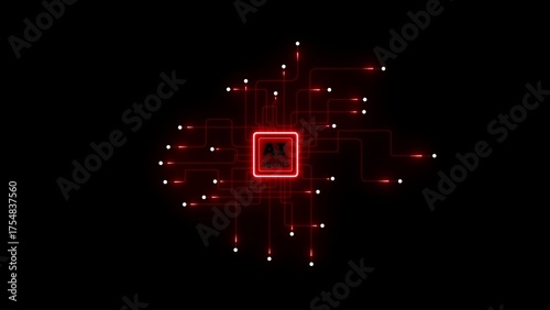 AI Agents Chip with Red Circuitry and Glowing Nodes on Black Background artificial intelligence processor