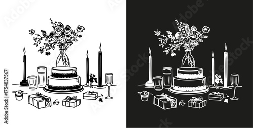 Wedding Card - minimalist hand drawn food and drink vector illustration. Wine, champagne glass, cheese, cake drawings for wedding invitations, menus and parties. Ink doodle sketch style