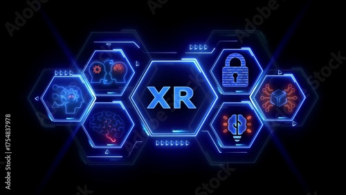 Extended Reality Technology Concept with AI Brain and Security Icons on Hexagonal Grid innovation