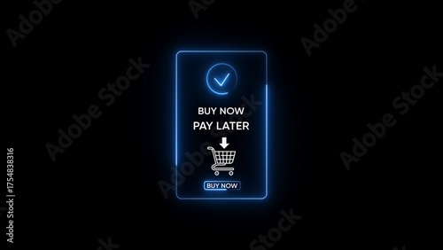 Glowing Neon Blue Buy Now Pay Later Shopping Cart Icon with Check Mark on Black Background image photo