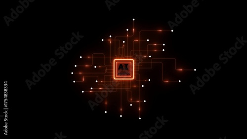 Glowing orange AI chip with interconnected lines and nodes on black background artificial intelligence