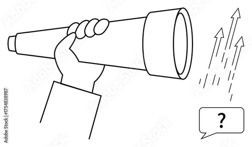 Hand holding a telescope looking at upward arrows and a question bubble. Ideal for growth, strategy, exploration, opportunity, vision, future planning, decision-making. Simple flat metaphor