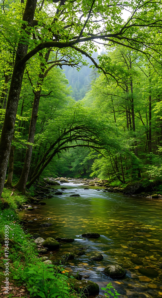 Fototapeta premium Vibrant Green Forest with Clear River and Natural Tree Arch