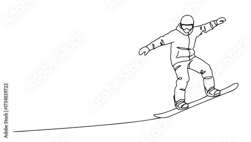 Minimalist black-and-white illustration of snowboarder balancing on slope. Perfect for winter sports, travel, and active lifestyle content. 