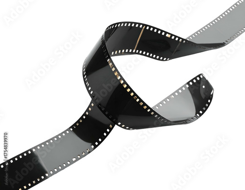 Curving strip of photographic film with sprocket holes against a black background