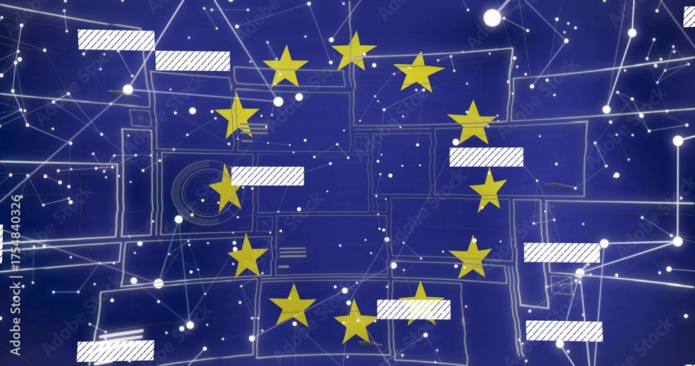 Obraz premium Displaying circle of twelve yellow stars on dark blue network, with white nodes and hatched panels