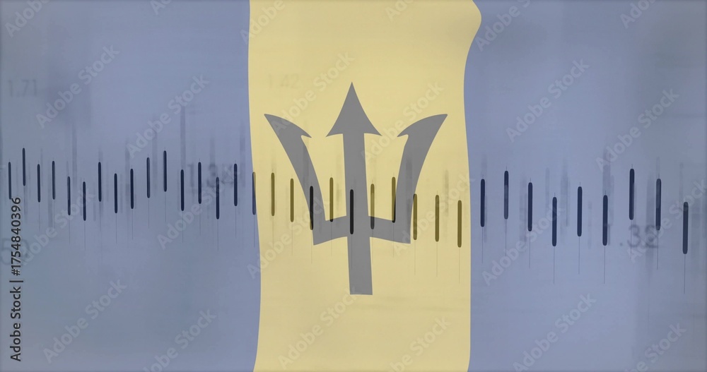 Naklejka premium Blending black trident symbol over Barbados flag stripes, featuring bar charts and numeric labels