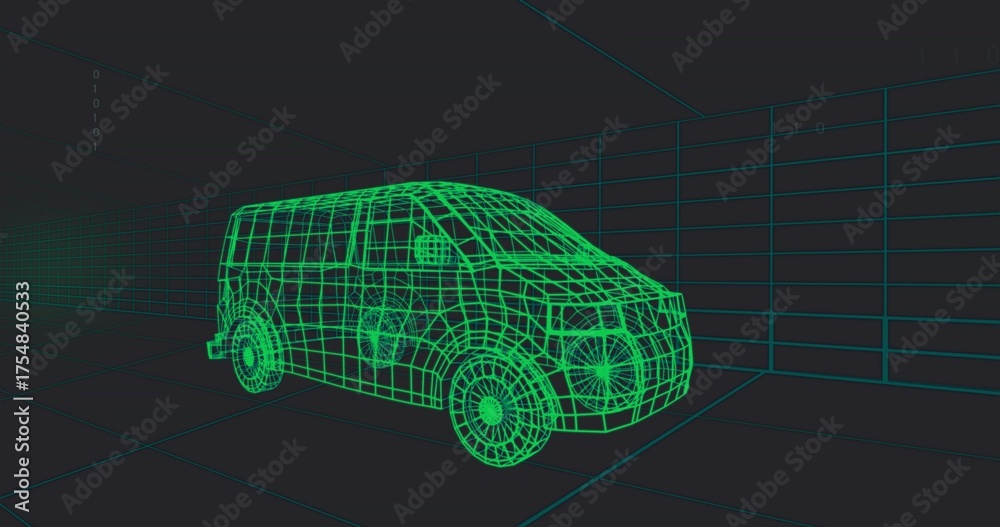 Fototapeta premium Displaying green wireframe van model in virtual modeling studio, with grid lines