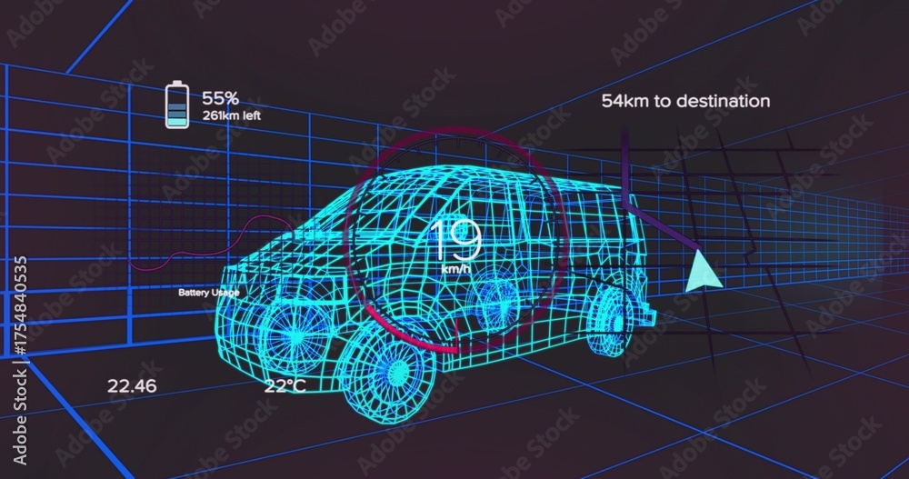 Obraz premium Displaying bright cyan wireframe van model floating within grid environment, with HUD overlays