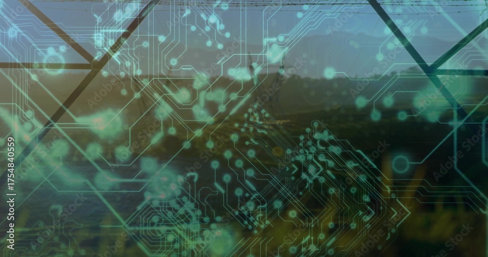 Naklejka premium Displaying cyan-green circuit traces and nodes over calm lake at sunrise, with diagonal grid lines