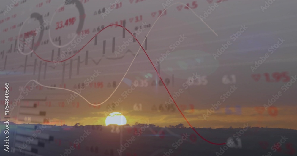 Obraz premium Displaying golden sun rising above hills at dusk silhouetted trees overlaying financial data graphs