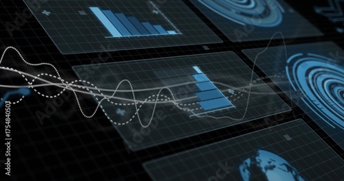 Translucent panels hovering above grid showing blue bars, waveforms, radial charts and globe icon
