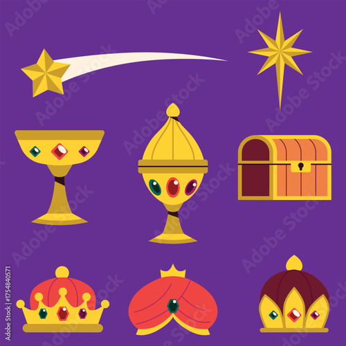 Los Reyes Magos ( Translation - Three Wise Men ). Happy epiphany day. January 6. Nativity of Jesus. Vector illustration decorative elements for Poster, Banner, Flyer, Greeting, Card, Cover, Post.