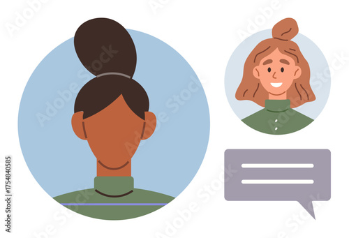 Profile of one woman and smiling face of another within circles, alongside a speech bubble. Ideal for communication, teamwork, dialogue, interaction, social connection, conversation, storytelling